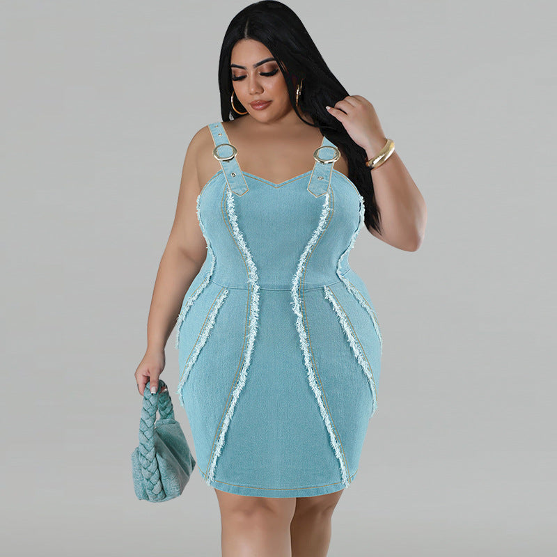 Plus Size Women's Denim Strap Sleeveless Bodycon Denim Dress