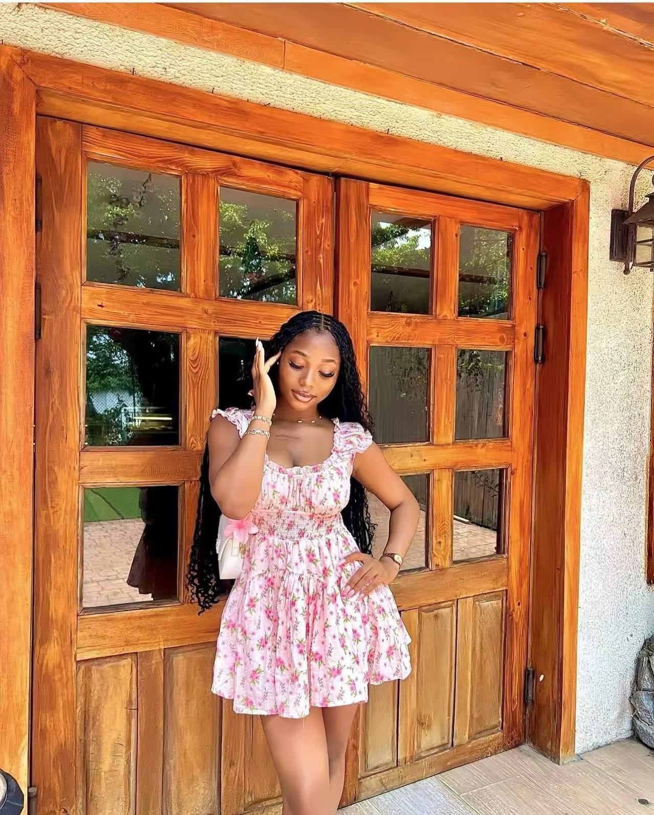 Women French Floral Ruffle Edge Pleated Dress 5