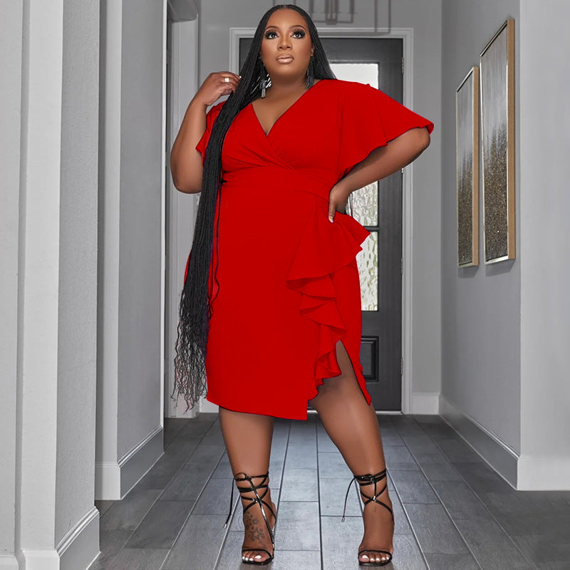 Chic Women's Solid Color V-neck Ruffle Slim Sexy Plus Size Dress 5