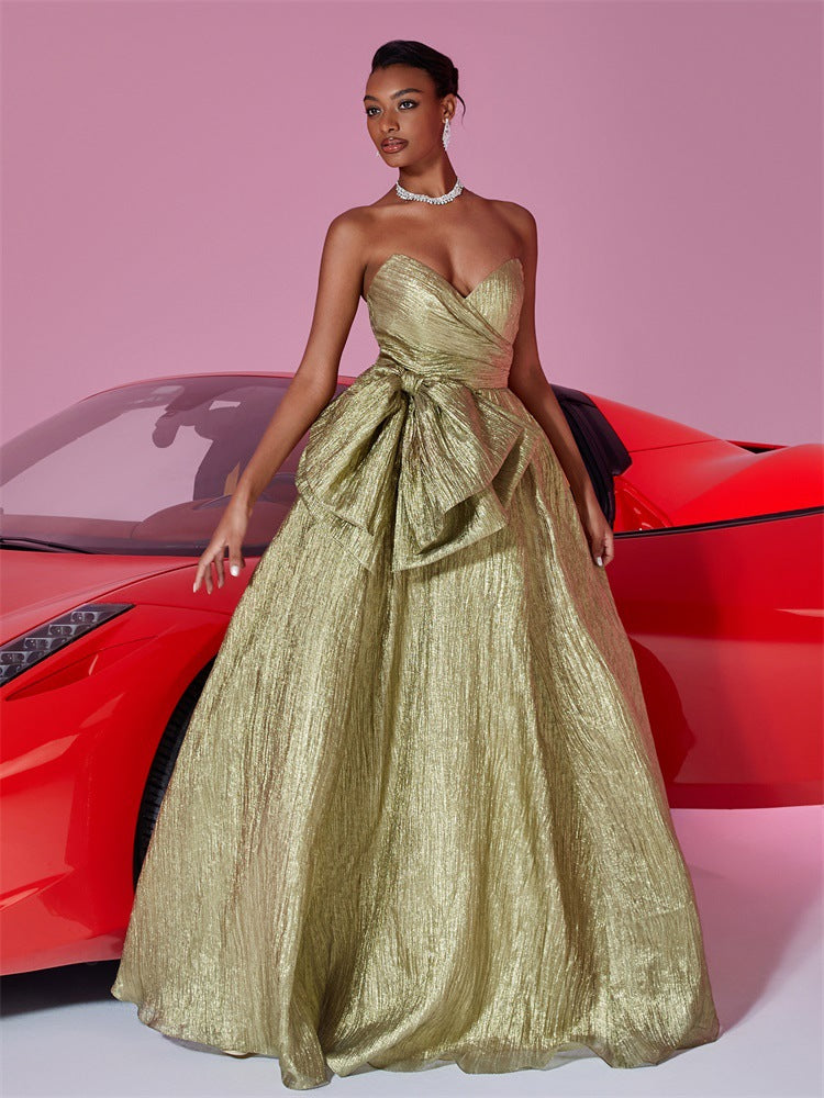 Women's Elegant Luxury Strapless Bow Slim Bridesmaid Evening Dress