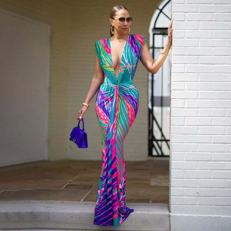 Fashion Women's Sleeveless Printed Sexy Deep V Slim Dress