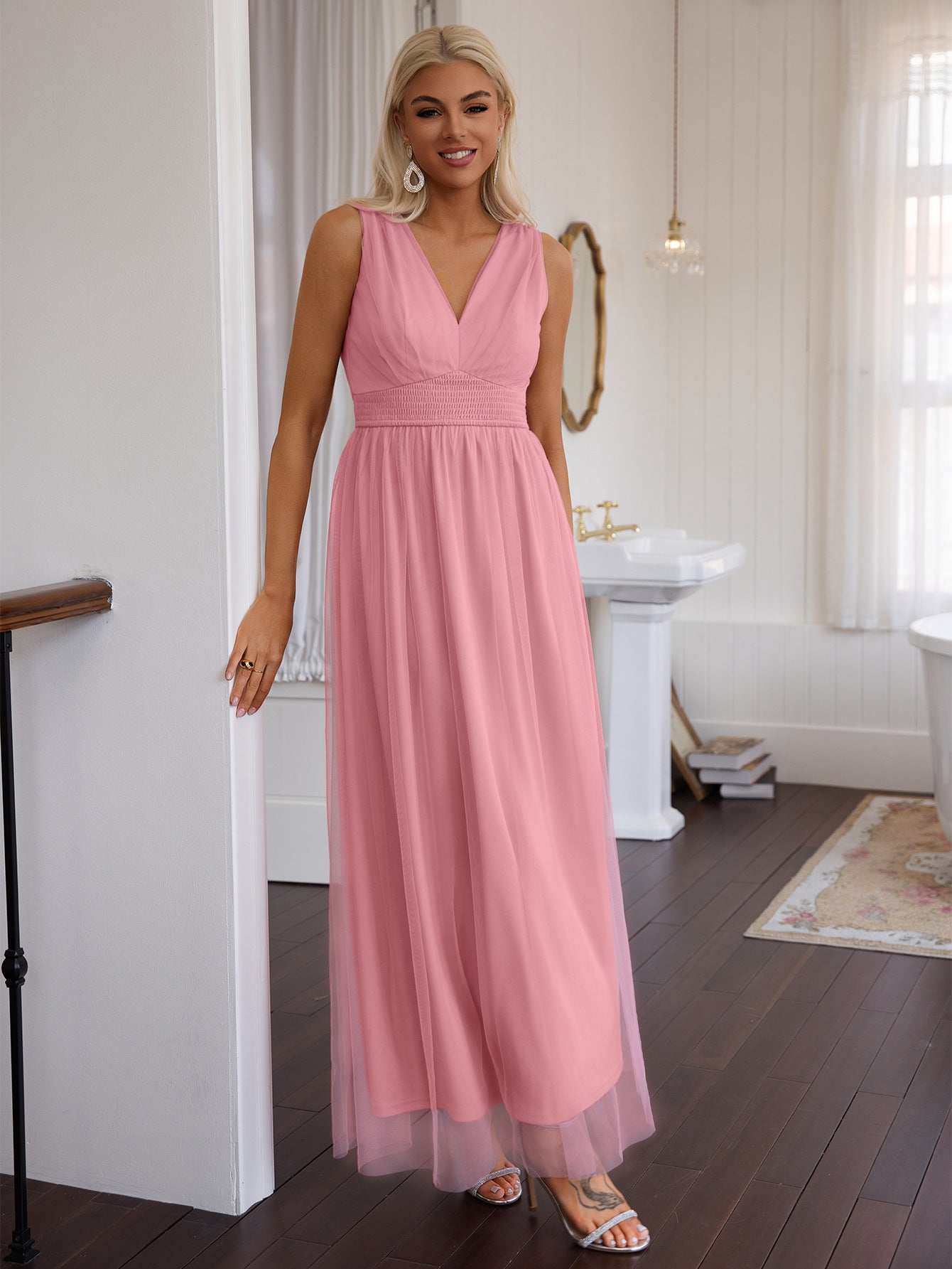 Women solid v-neck mesh dress 6