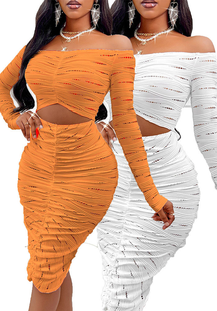 Fashionable Sexy Solid Color Off Shoulder Long Sleeve Hollow Dress For Women