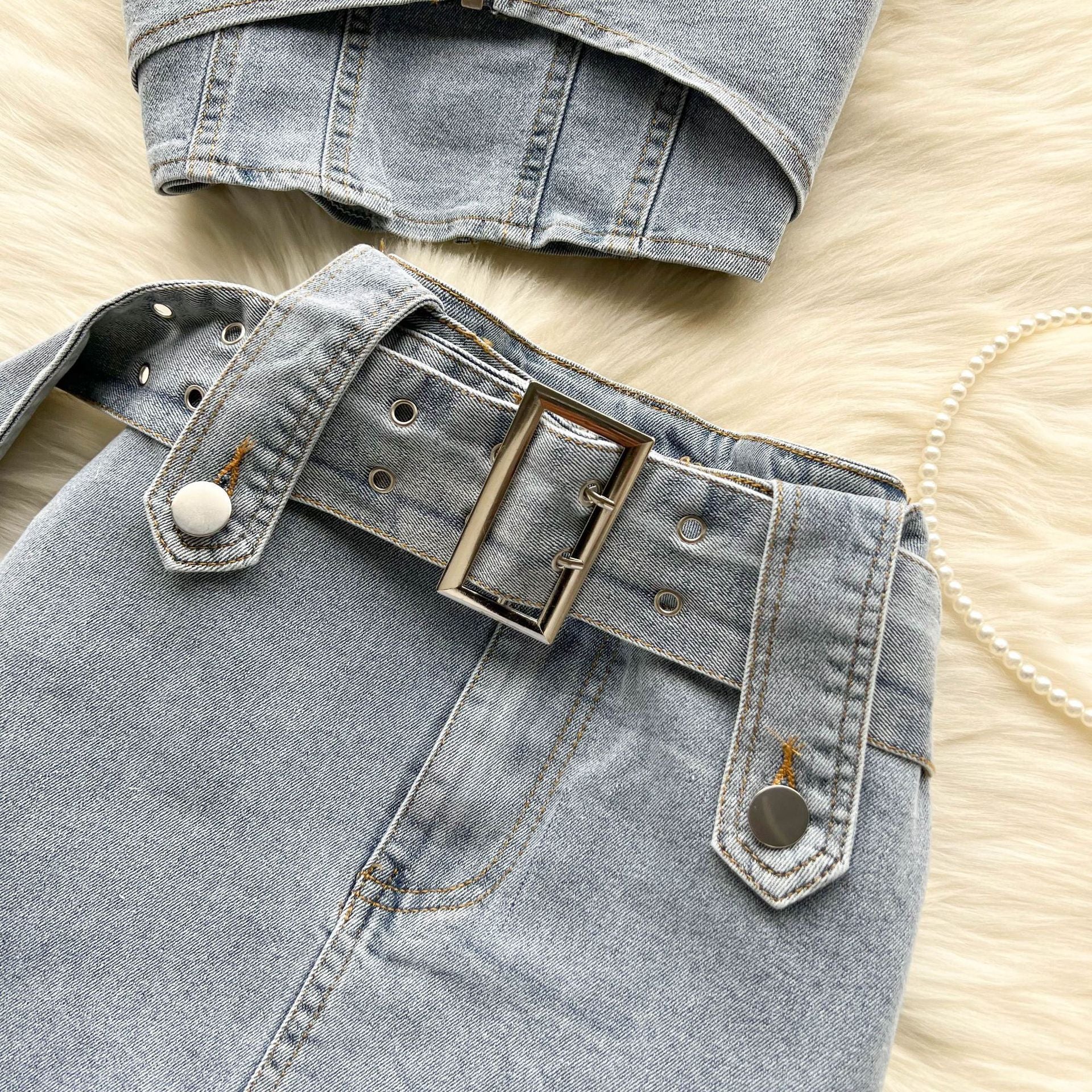 Women's Summer Halter Neck Crop Top Mini Skirt Two-Piece Denim Set 11