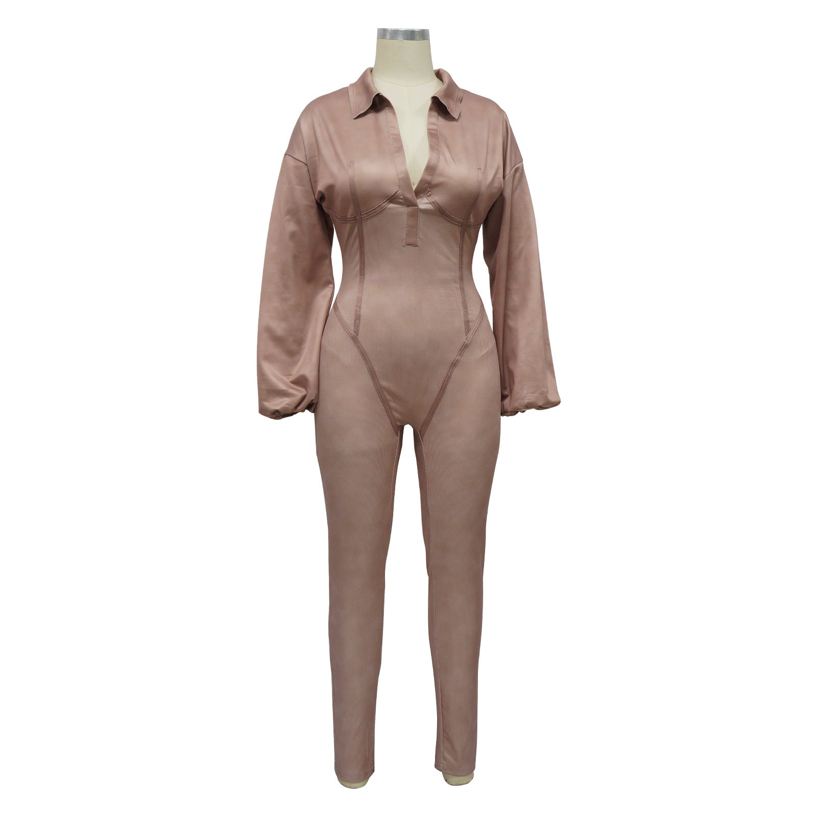 Autumn And Winter Women's V-Neck Long Sleeves Tight Fitting Patchwork Jumpsuit 12