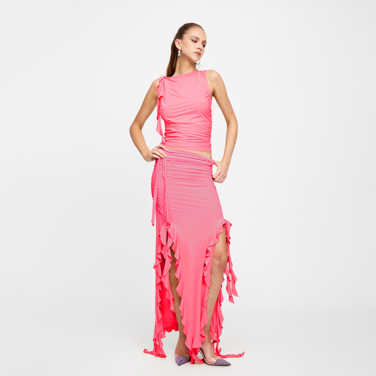 Women Summer Sleeveless Crop Top and Skirt Ruffles Skirt Two-Piece Set 9