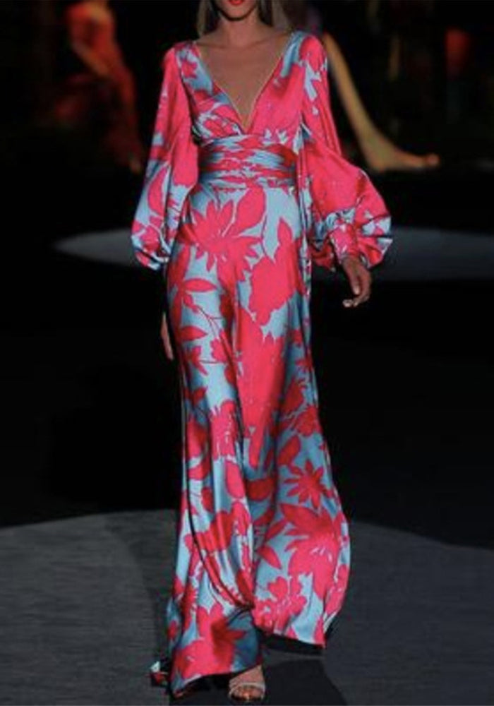 Spring Summer Women's Fashionable Printed Sexy V-Neck Slim Waist Loose Long Dress 8