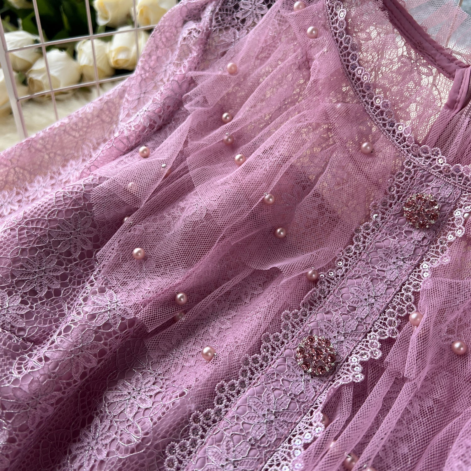 Women French Beaded Embroidered Short Sleeve Puffy Mesh Dress 15