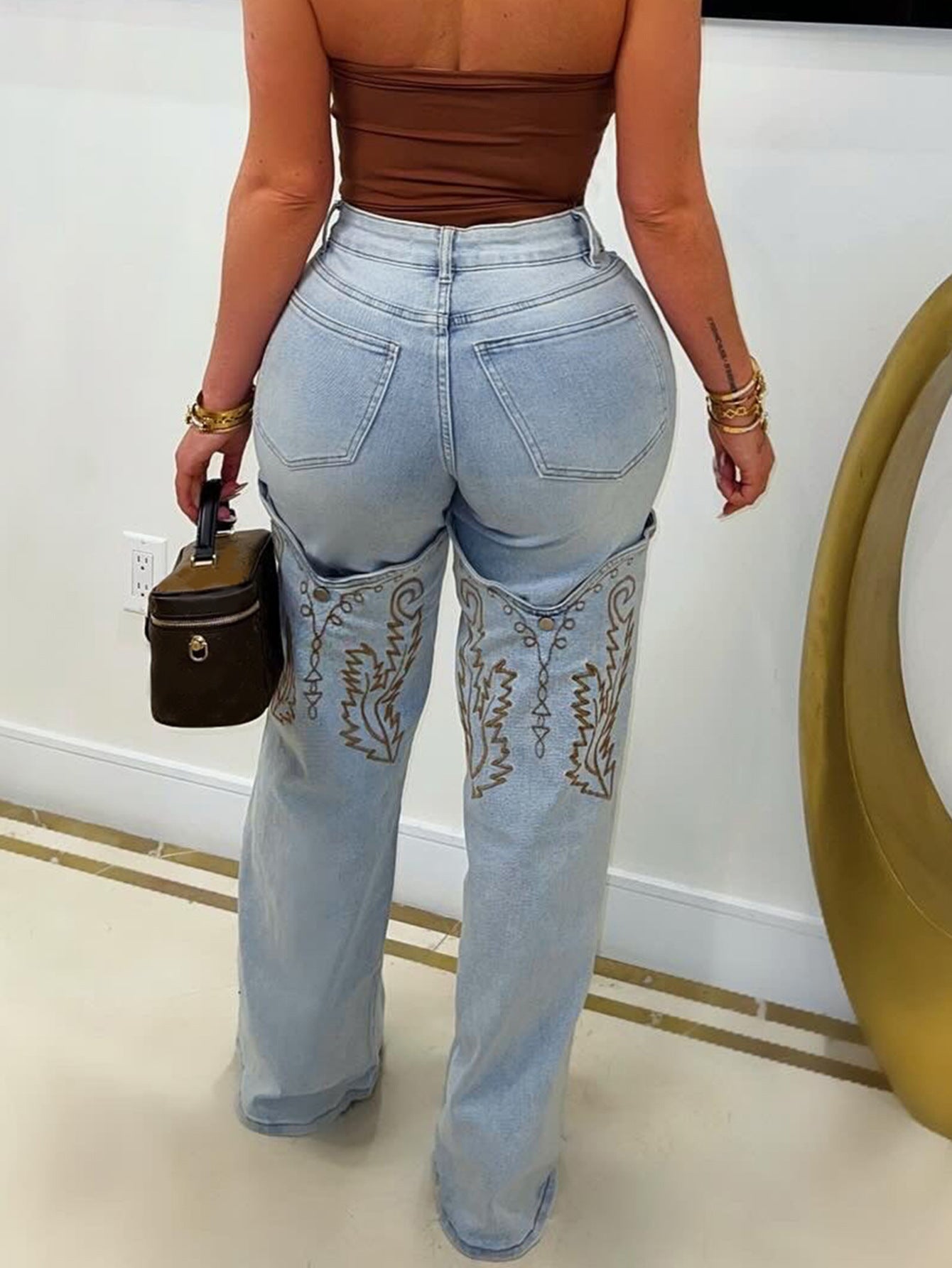 Women's Fashion Embroidered Blue High-Waisted Wide-Leg Denim Pants 6