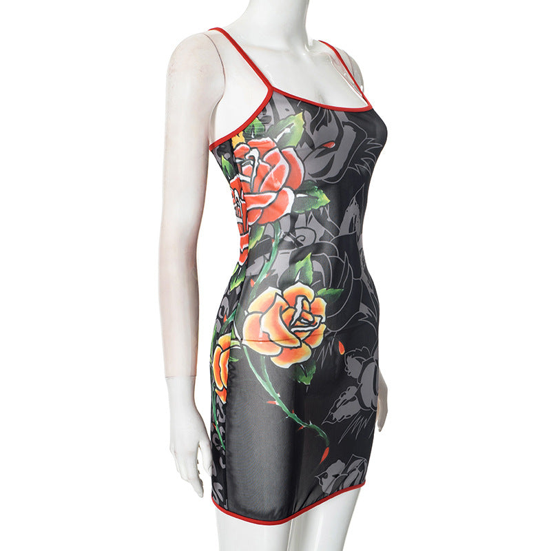 Spring & Summer Women's Strappy Round Neck Floral Print See-Through Mesh Bodycon Dress 11