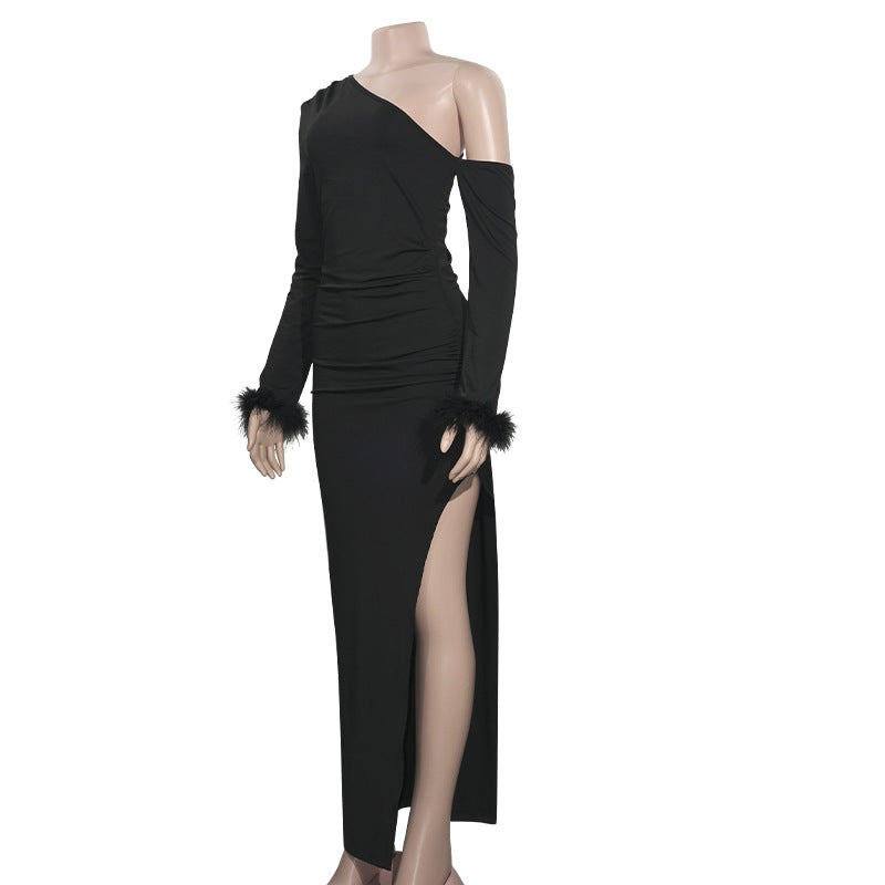 Spring Solid Color Slash Shoulder Feather Patchwork Sexy Slit Slim Dress 9