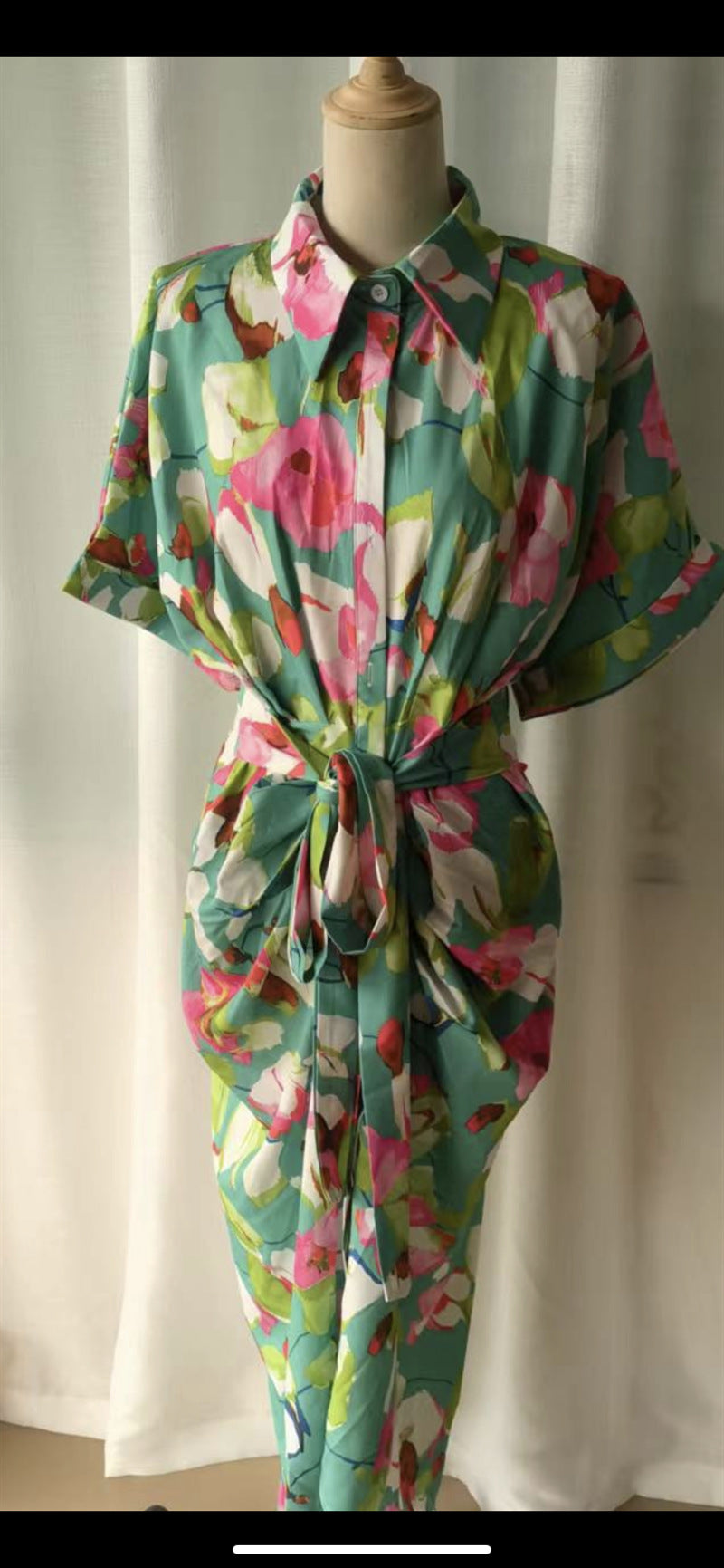 Women Loose Printed Strappy Irregular Button Shirt Casual Dress 8