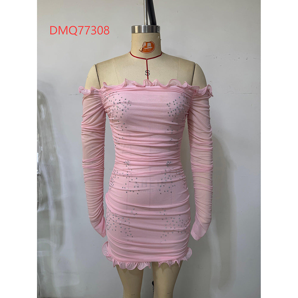 Women's Off Shoulder Fashion Sexy Long Sleeve Beaded Slim Short Dress 9