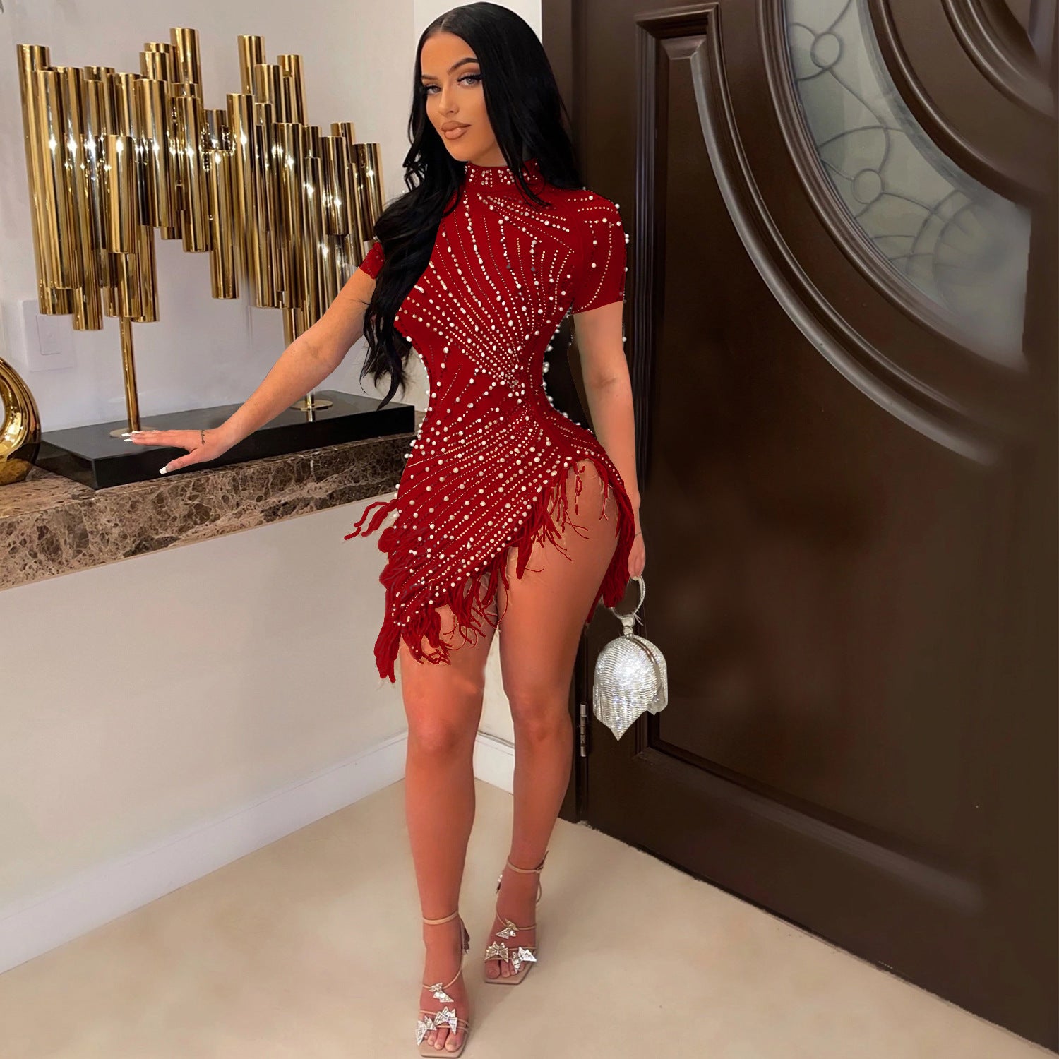 Summer Women's Sexy Mesh Beaded Tassel Short Dress 4