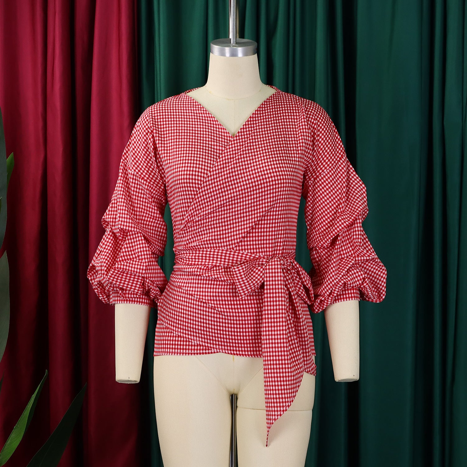 Summer Plus Size Fashion V-Neck Bubble Sleeves Lace-Up Plaid Shirt Top 4