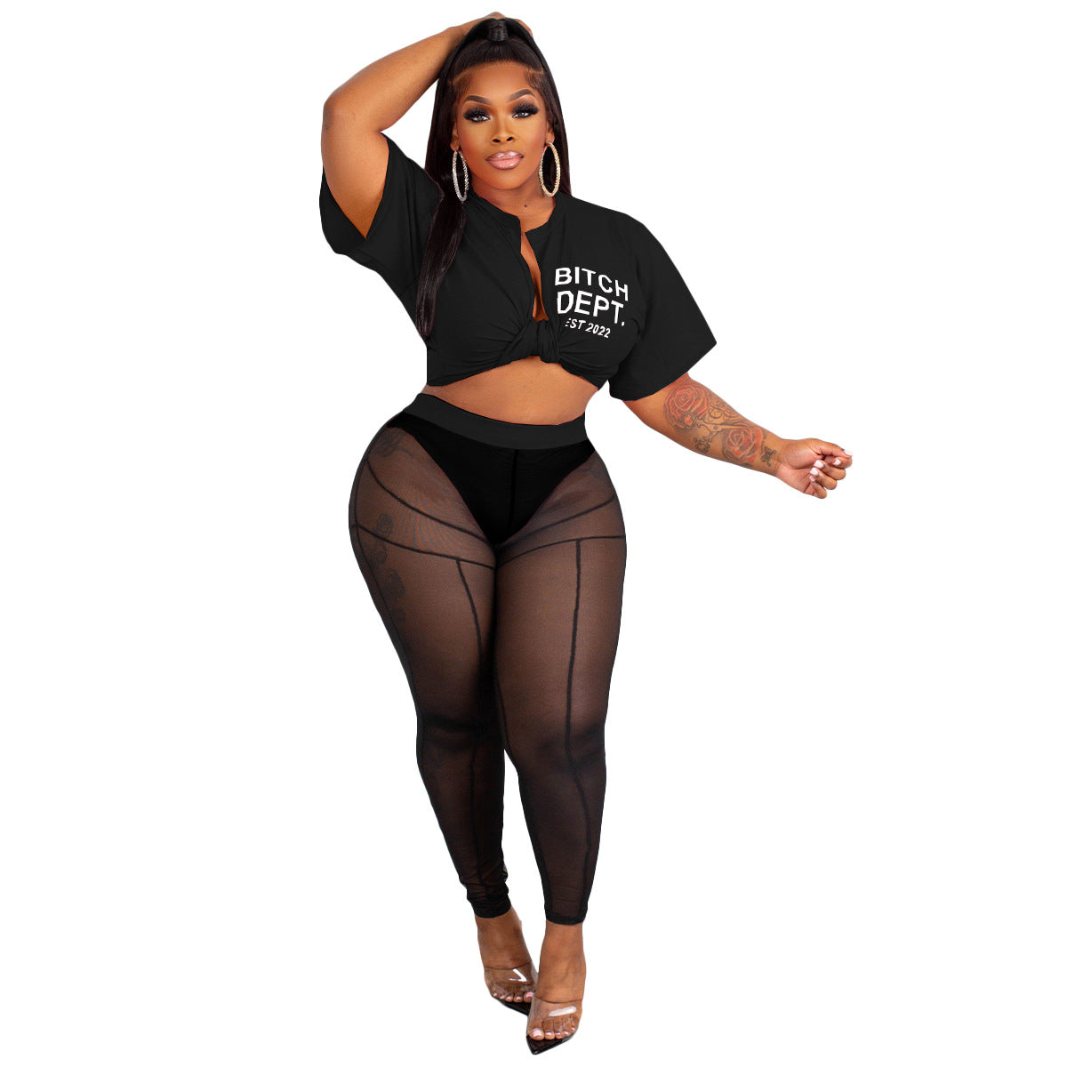 Women Sexy Letter Print Crop Top and Mesh Trousers Lace-Up Two-Piece Set 6