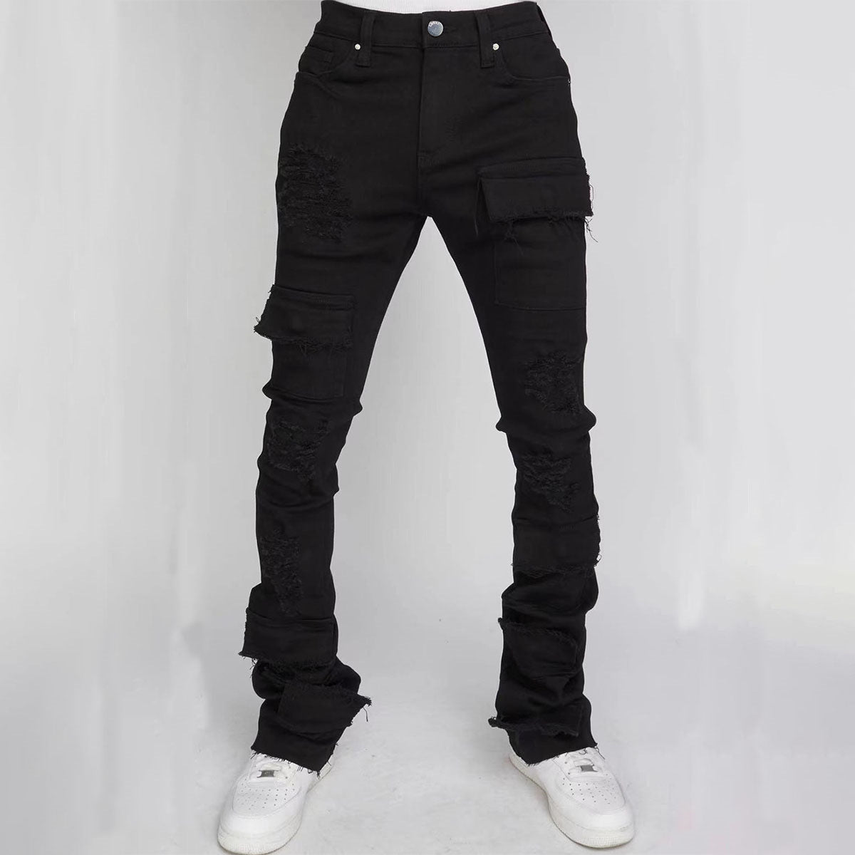 Men's Ripped Denim Cargo Straight Pants