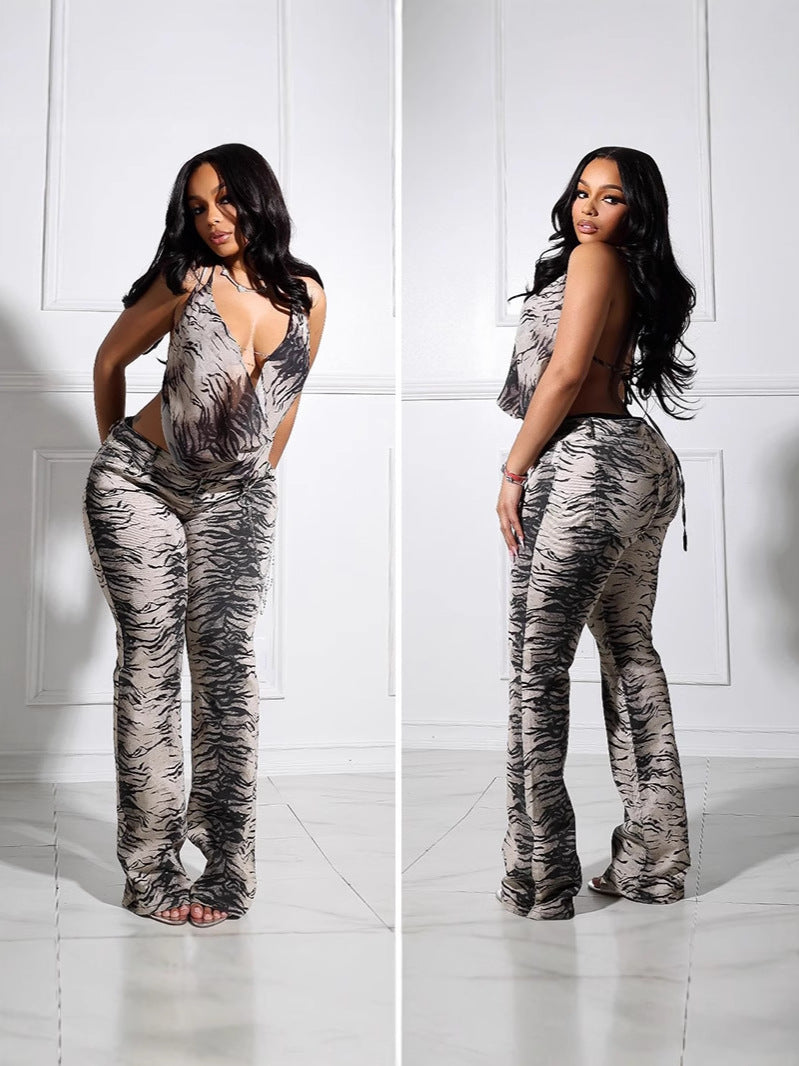 Women sexy Backless Zebra Print Mesh Top and Long Pants Two-piece 5