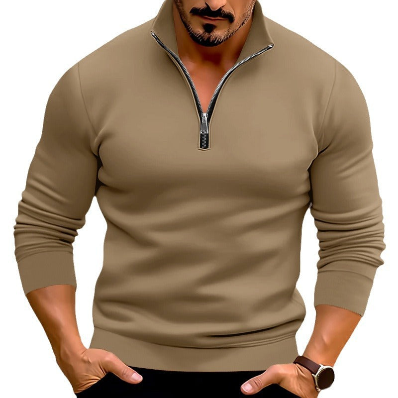 Spring And Winter Men's Casual Solid Color Long-Sleeved Zip Stand Collar T-Shirt Tops For Men 13