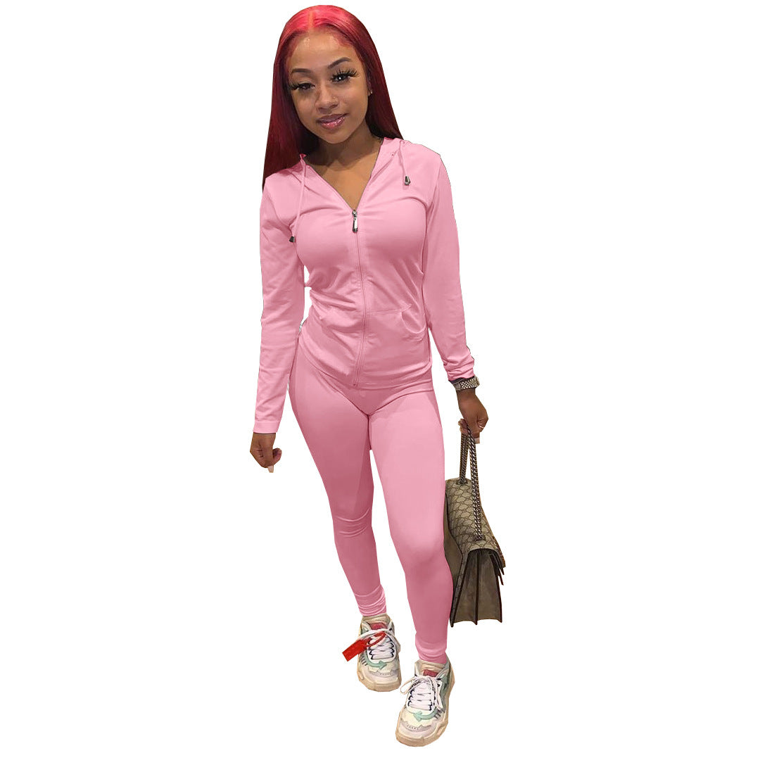 Women Summer Sports Hooded Full Sleeves Solid Pockets Regular Two Piece Pants Set 36