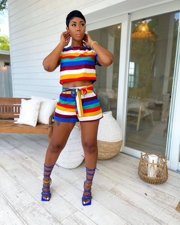 Women summer striped print Top and Shorts Casual two-piece set 7