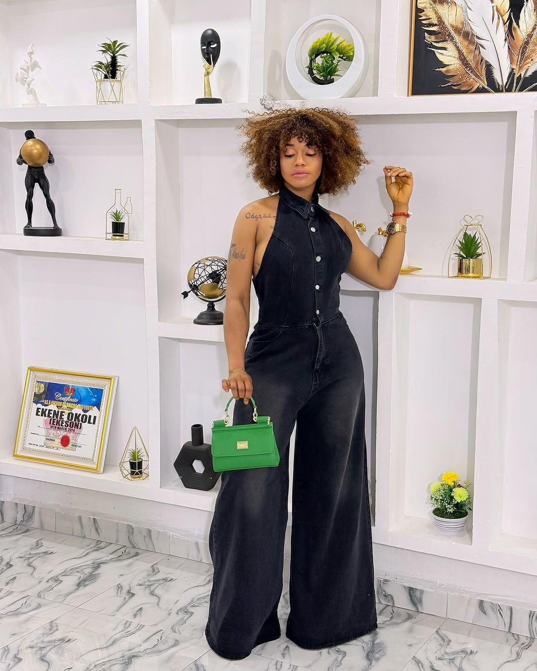 Women summer turndown collar Halter Neck backless denim jumpsuit 3