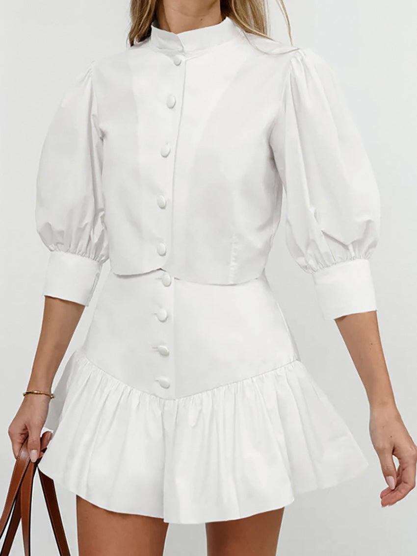 Summer White Lantern Sleeve Shirt & Skirt Two-Piece Casual Office Set 5