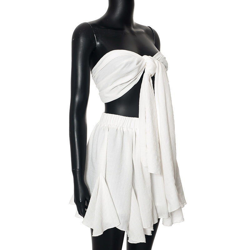 Women's Summer Solid Color Holidays Style Chiffon Strapless Ruffled Two Piece Short Skirt Set 13