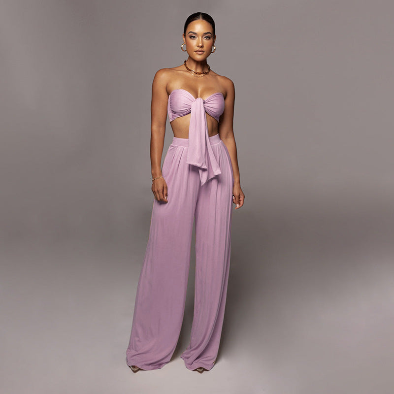 Women's Sexy Solid Color Tie Strapless Top Mid-Waist Wide Leg Pants Fashion Casual Two Piece Set 4