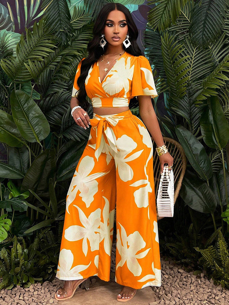 Women Tropical Print Pleated Butterfly Sleeve Top and Lace-up Wide-leg Pants Two-piece Set 6