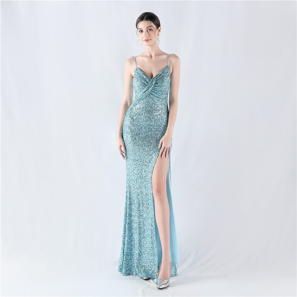 Women sequined sexy split sling evening dress 14
