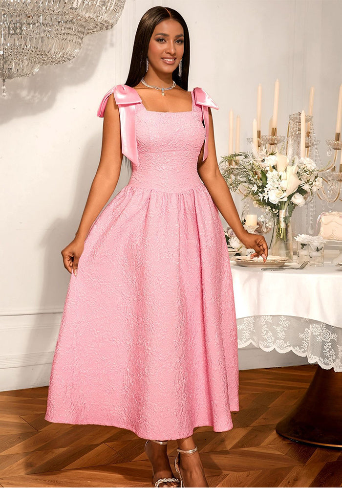 Women's Elegant Bow Lace-Up Rose Jacquard High-Waist A-Line Formal Party Gown