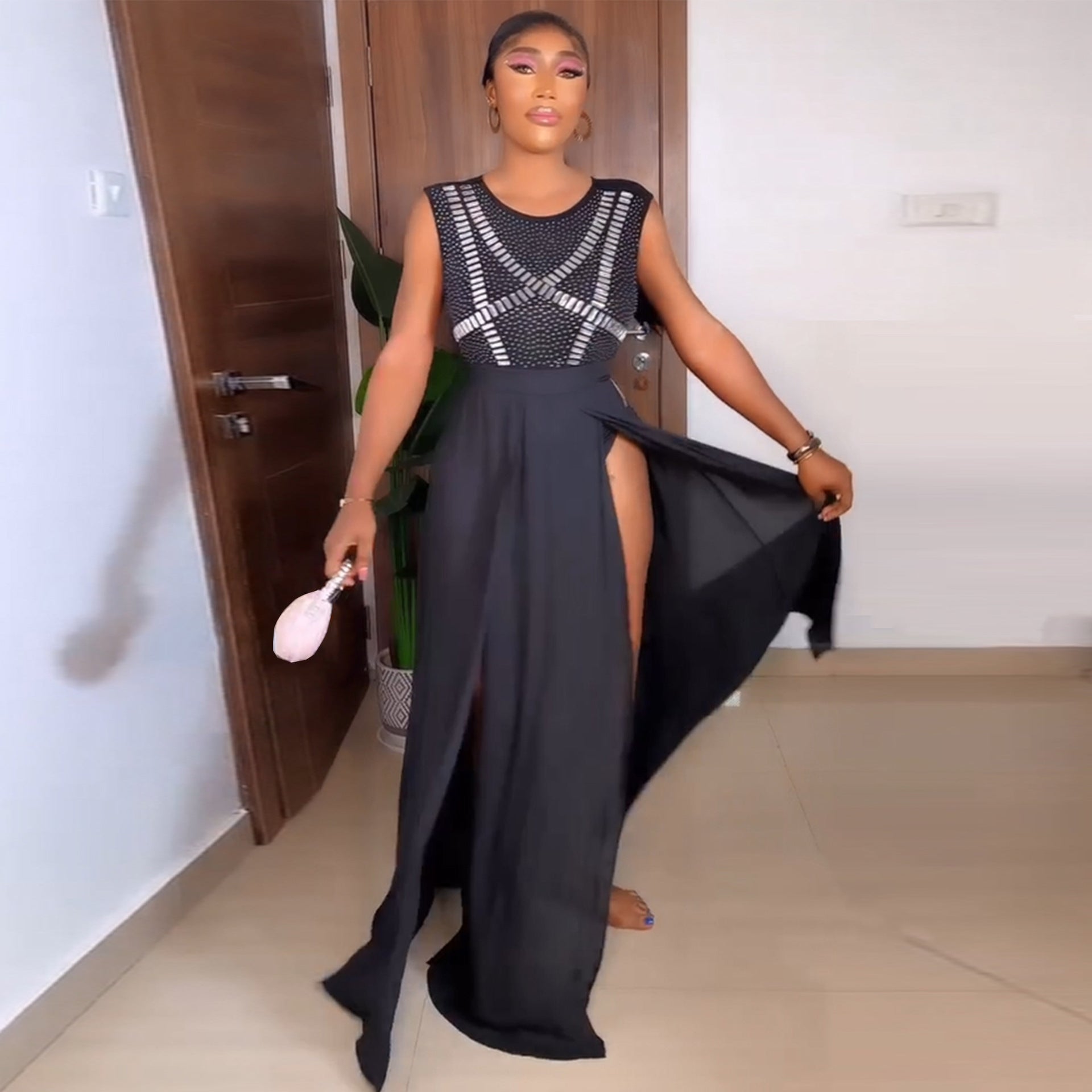 Sexy Beaded See-Through Low Back Mesh Bodysuit Slit Skirt Two-Piece Set