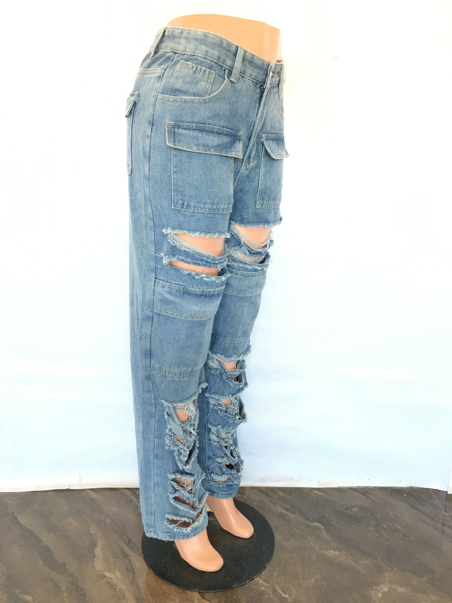 Women's Summer Loose High Waist Wide Leg Ripped Denim Pants Casual Jeans 9