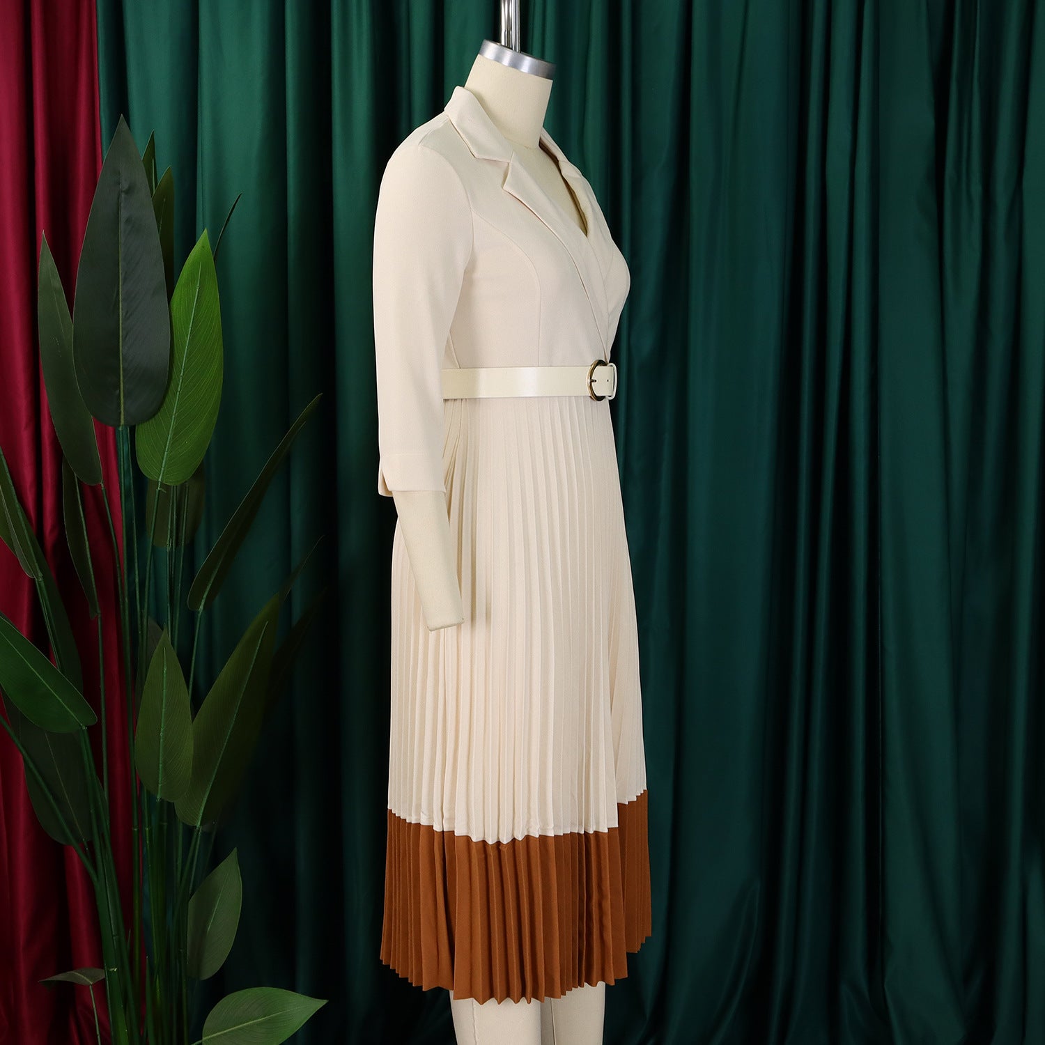 Women's Spring Turndown Collar Fashion Colorblock OL Elegant Pleated High Waist African Dress 11