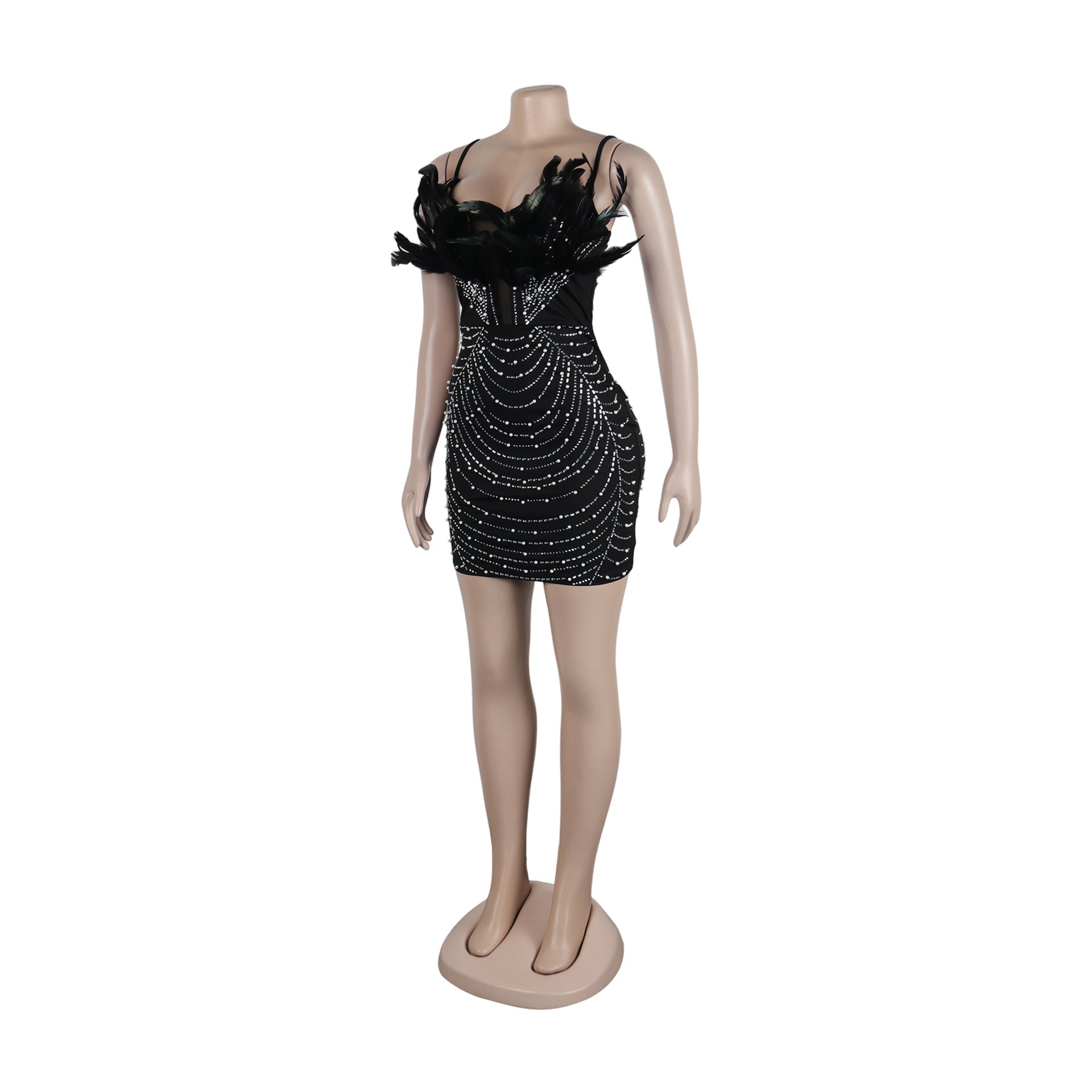 Sexy Beaded Feather Pearl Strap Bodycon Dress 5