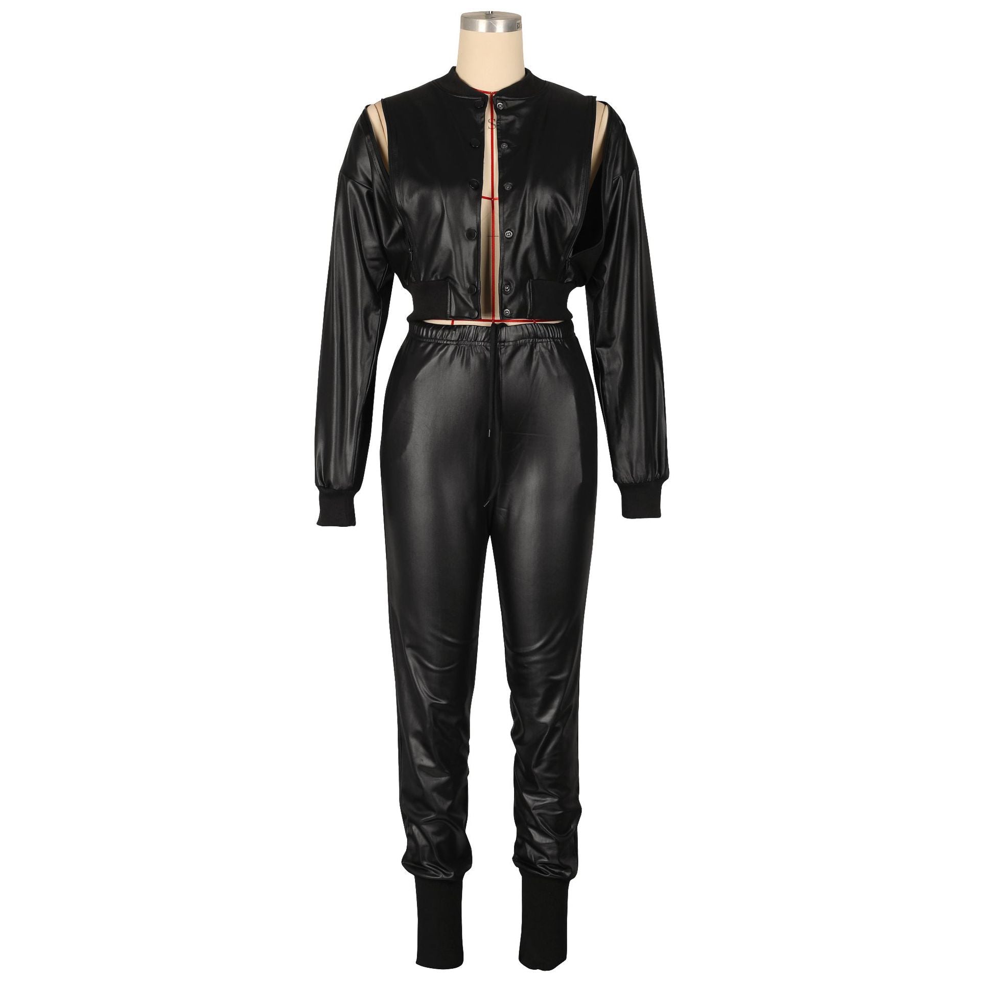 Women's Autumn Winter Pu Leather Zipper Jacket Pants Two-Piece Set 9