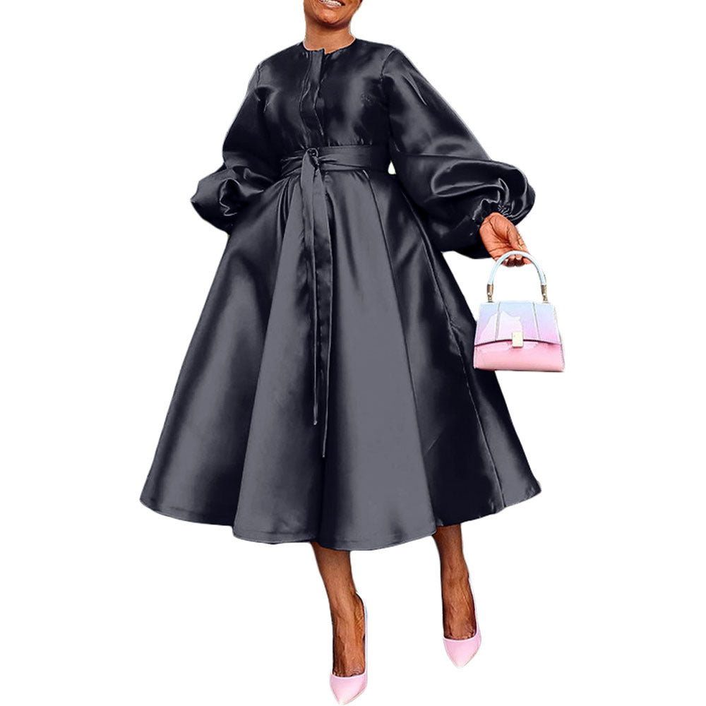 Women Solid Loose Buttoned Balloon Sleeve Dress 16