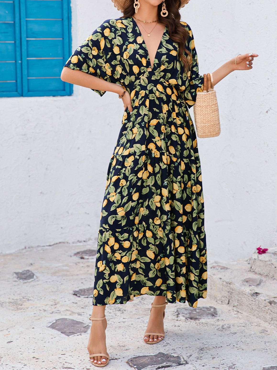 Women Printed Bat Sleeves V Neck Beach Holidays Dress 5