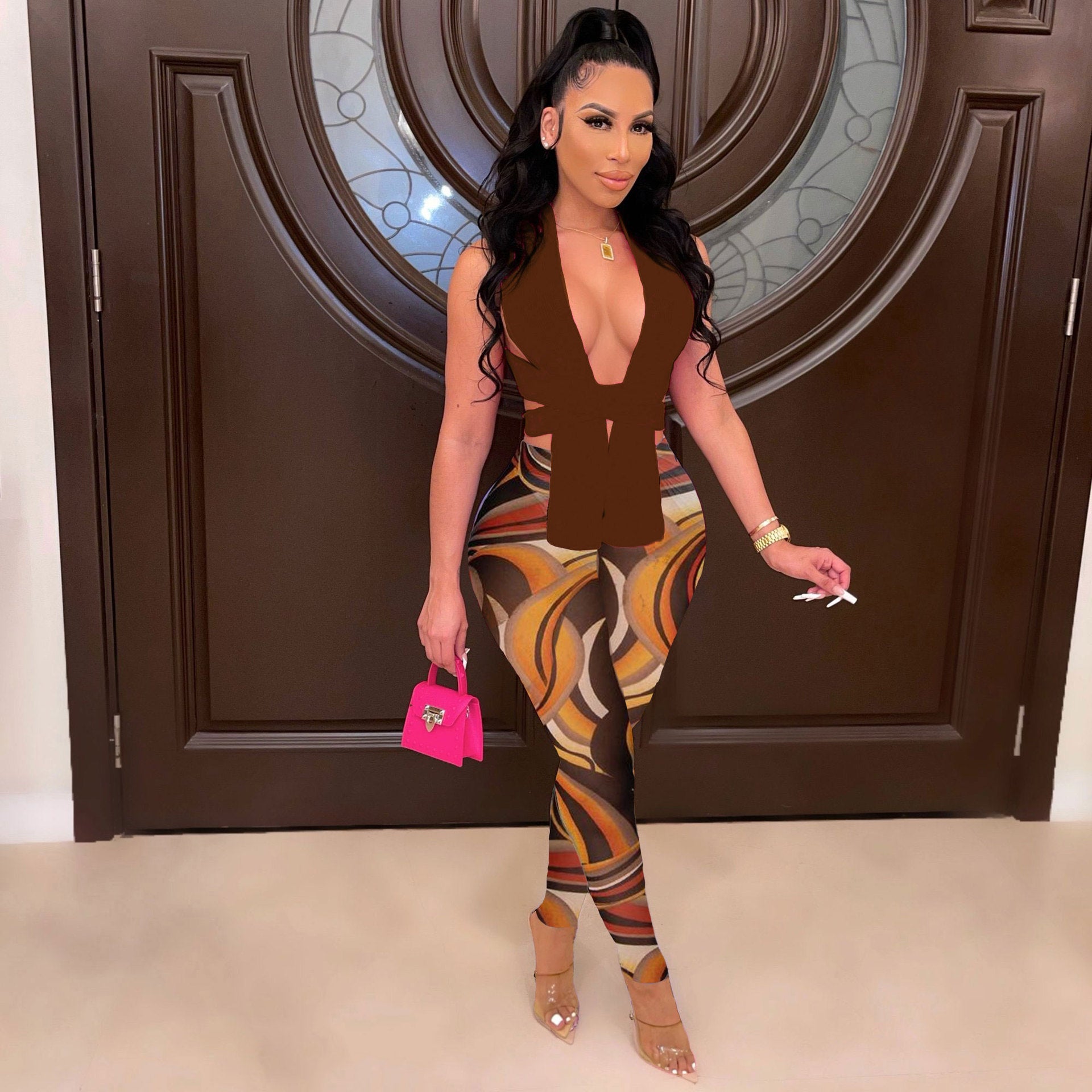 Women's Sexy Two Piece Halter Wrap Print Pants Set