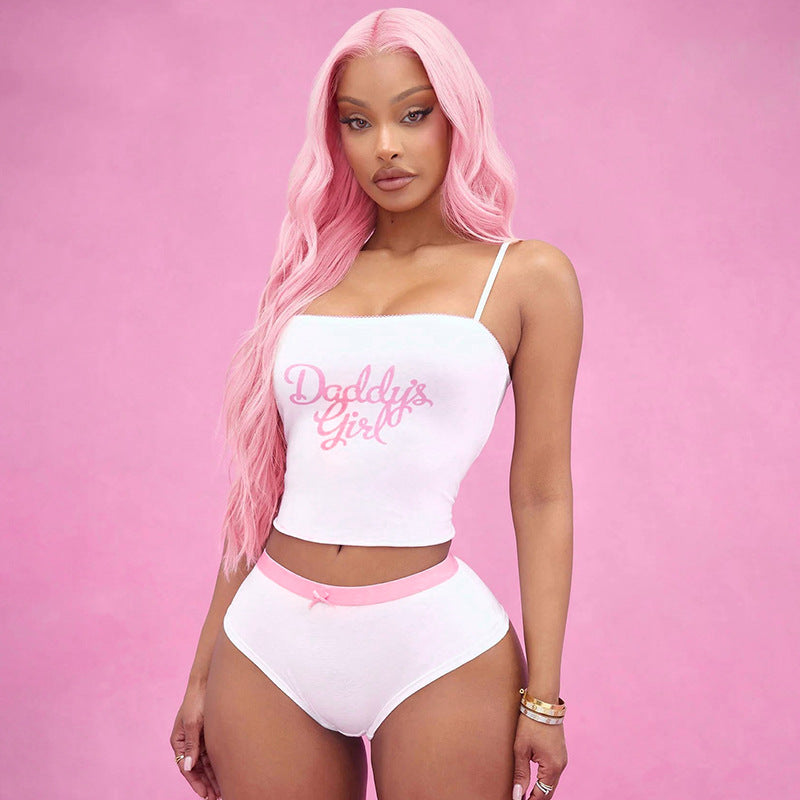 American Letter Printed Casual Top for Women Summer Suspender Two-Piece Set 3