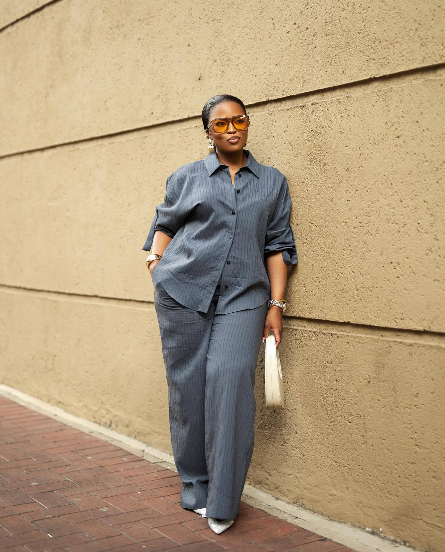 Africa Casual Women's Long Sleeve Striped Shirt High Waist Pants Trendy Fashion Two-Piece Set 3