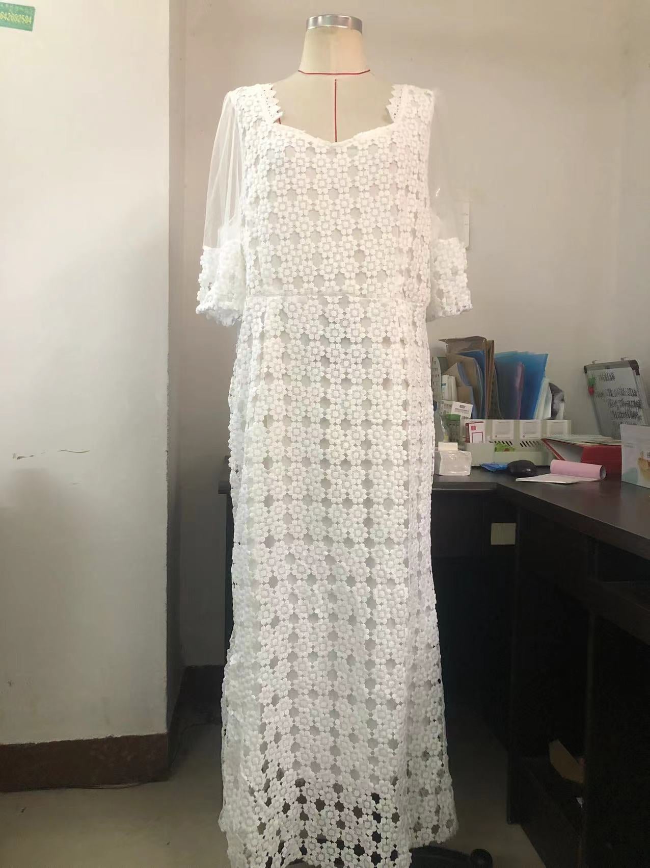 Lady Spring Puff Sleeve Solid Color Hollow Bodycon One-Piece Dress 13