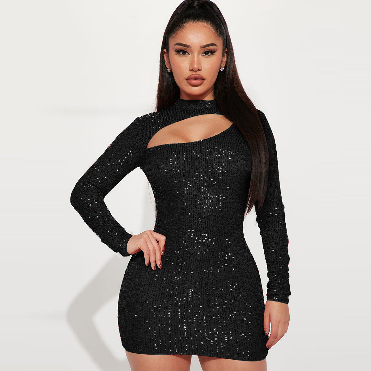 Women Long Sleeve Hollow Out Sequin Bodycon Dress 4