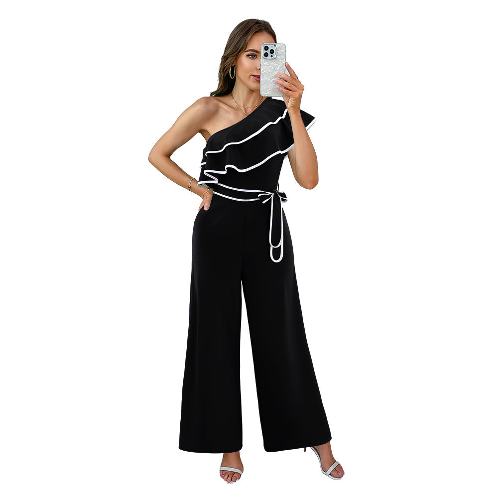 Fashionable Women's Slash Shoulder Belt Casual Wide-Leg Jumpsuit 7