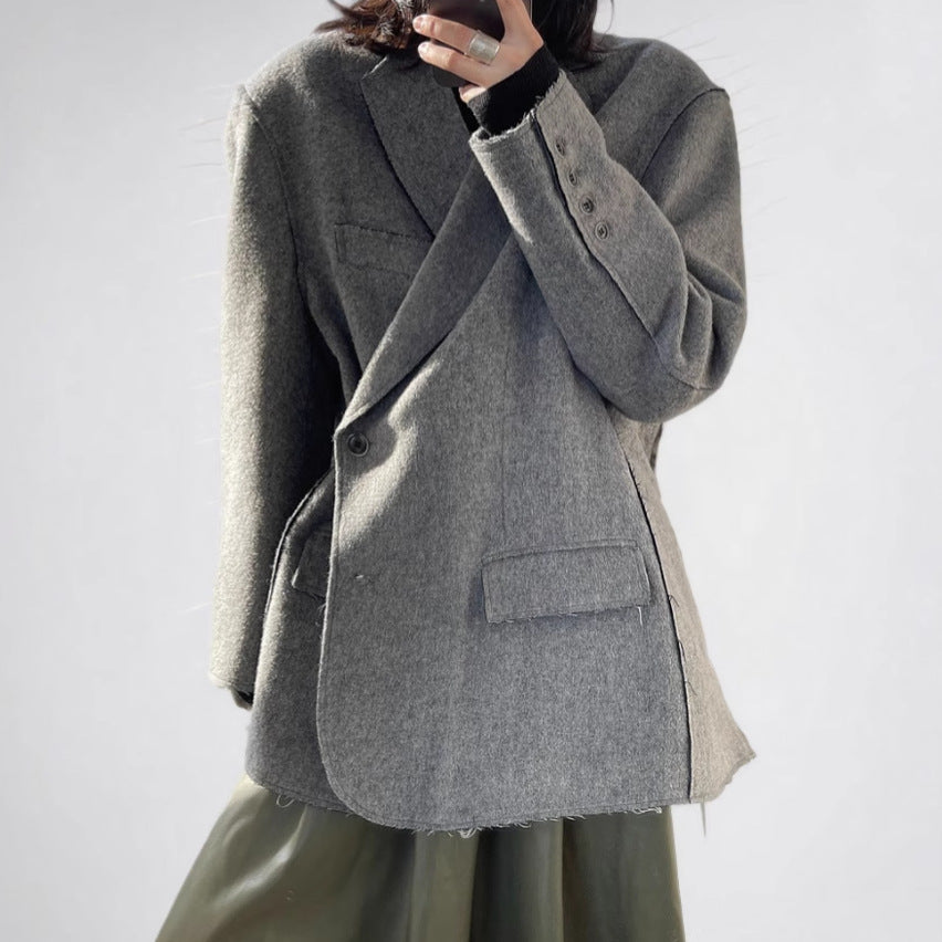 Women Winter Loose Oblique Button Placket Irregular Blazer