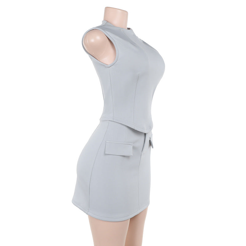 Summer Women's Fashion Style Chic Casual Solid Color Slim Sleeveless Top Skirt Suit 8