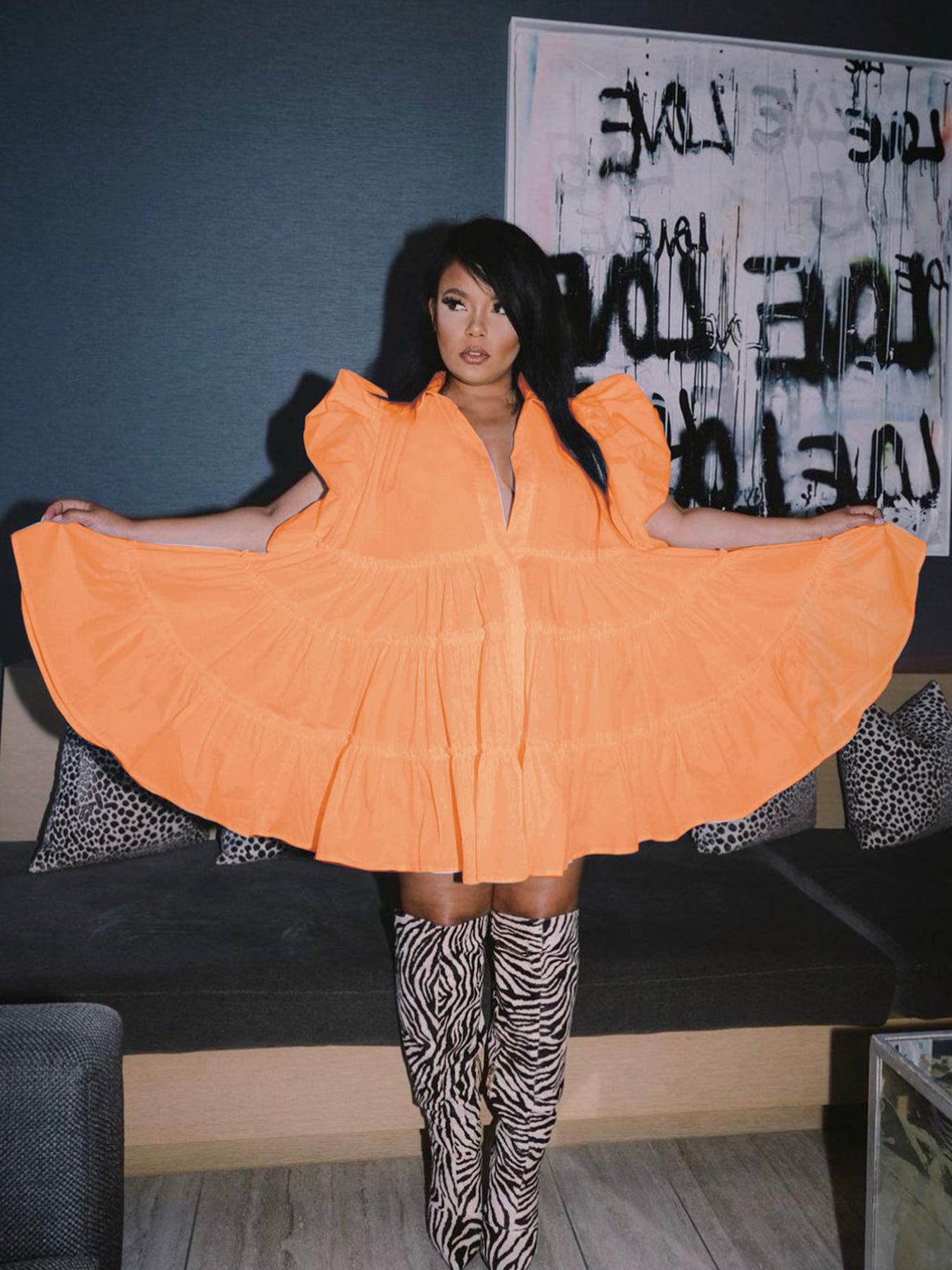 Summer Trend Fashion Casual Lantern Sleeve Turndown Collar Pleated Shirt Dress 10