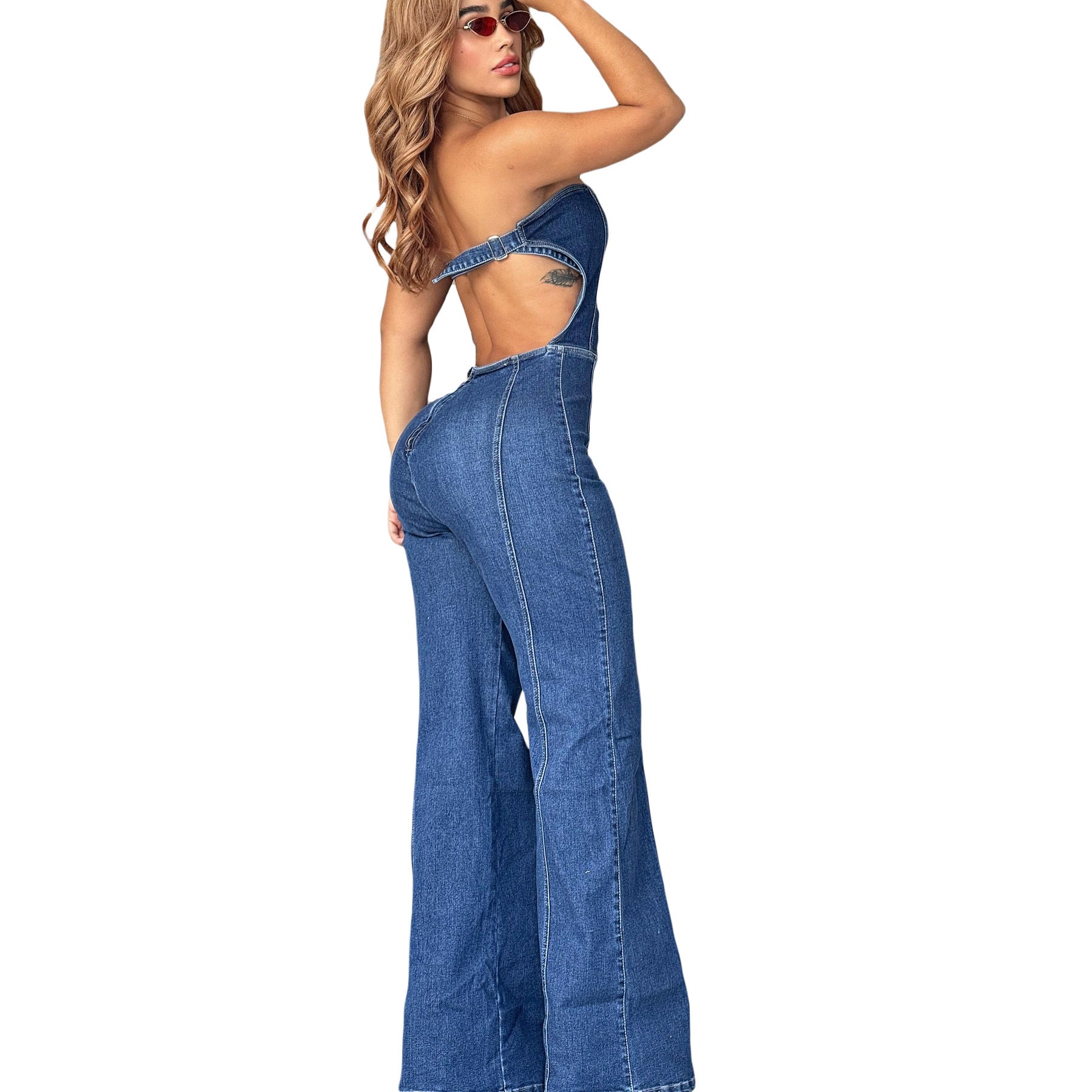 Women  Strapless Backless Denim Jumpsuits 3