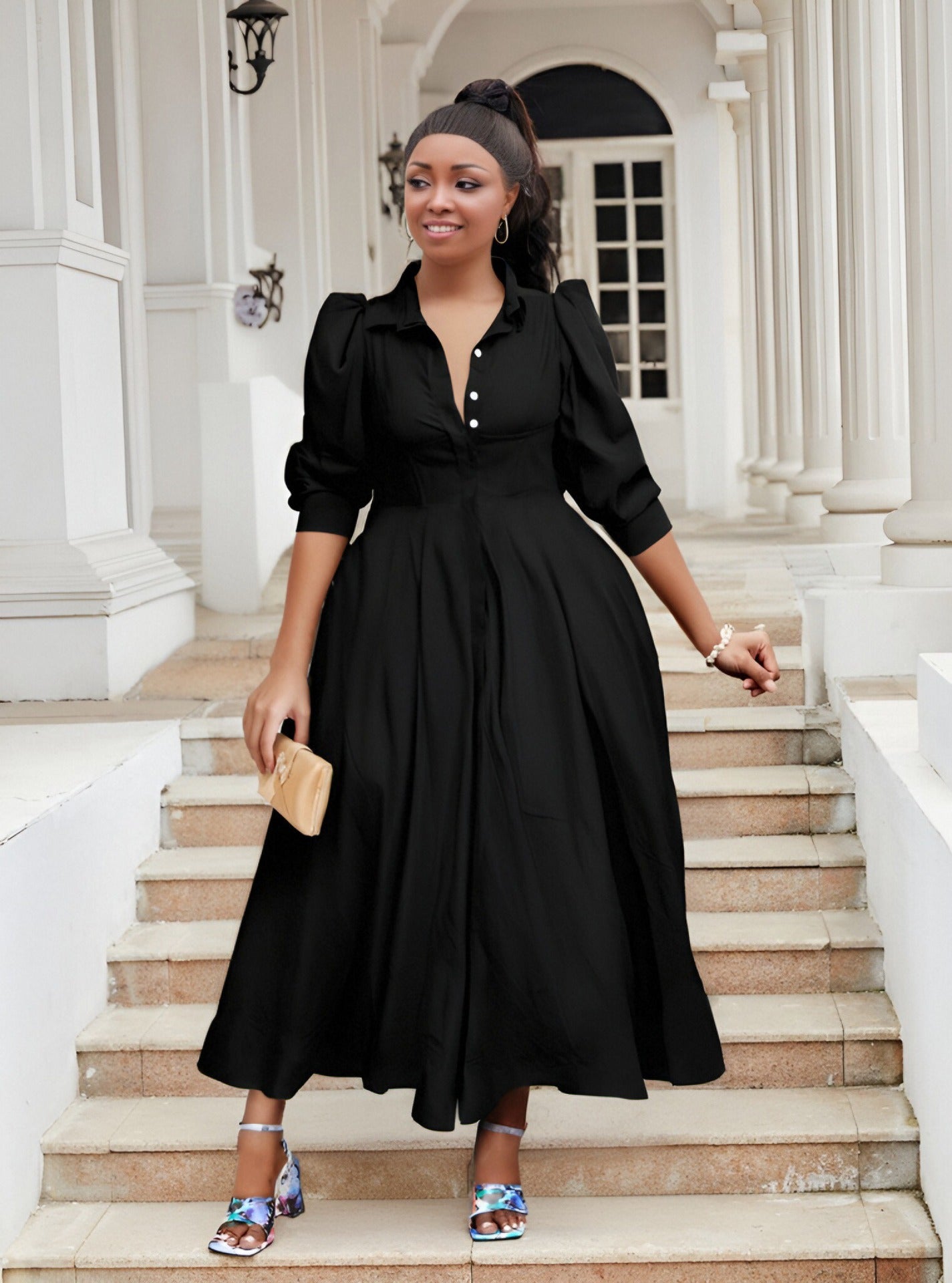 Plus Size Women Elegant Long Sleeve Solid Shirt Dress 11